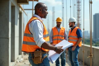 Chef de chantier africain avec plans sur site de construction