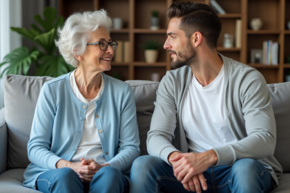Femme âgée et jeune homme discutent calmement dans un salon
