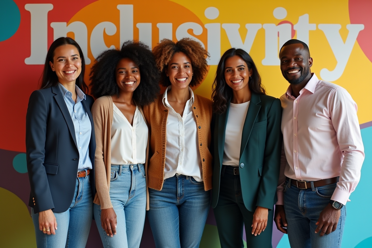 Equipe multiculturelle devant une fresque sur l