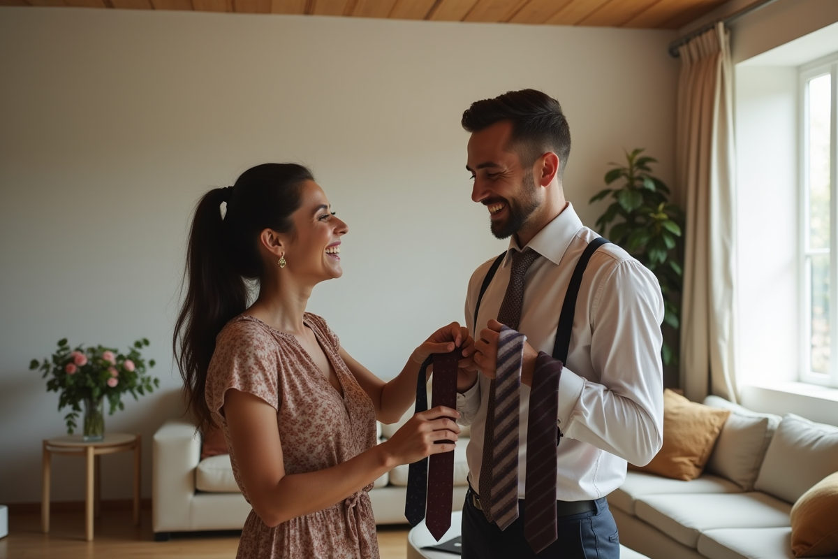 Femme souriante aidant un jeune homme à choisir une cravate dans un salon lumineux