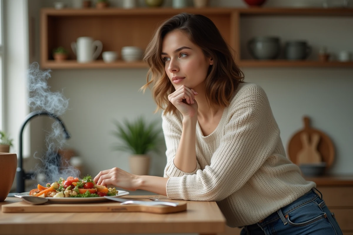 Femme dans la cuisine moderne avec repas sain