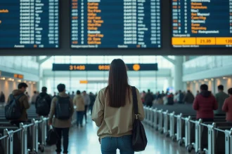 Jeune femme inquiète dans un aéroport asiatique bondé