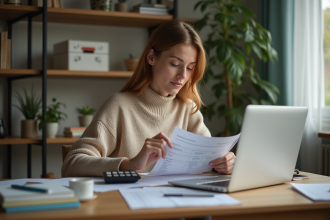 Femme travaillant à domicile avec documents et ordinateur