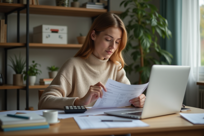 Femme travaillant à domicile avec documents et ordinateur