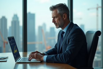 Homme d'affaires en costume examine des graphiques économiques numériques