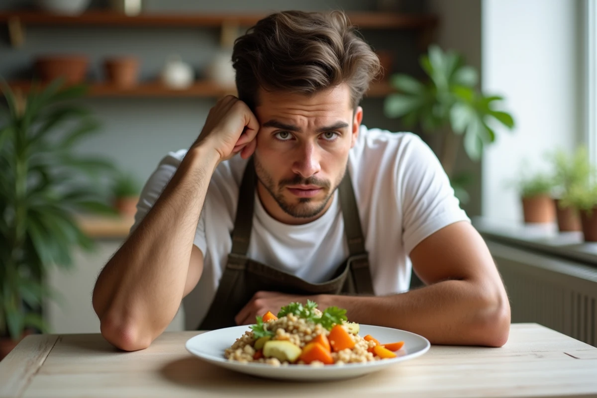 Jeune homme regardant son assiette de légumes