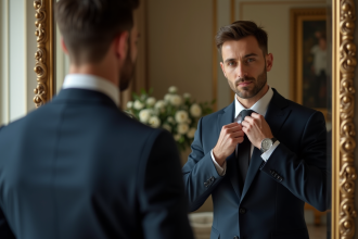 Homme en costume ajusté ajustant sa cravate dans un miroir élégant