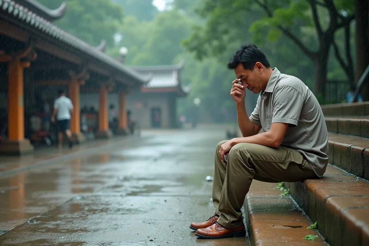 Homme essuyant la sueur sous la pluie dans un site touristique