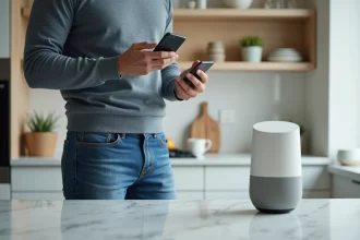Homme en sweater bleu dans une cuisine connectee