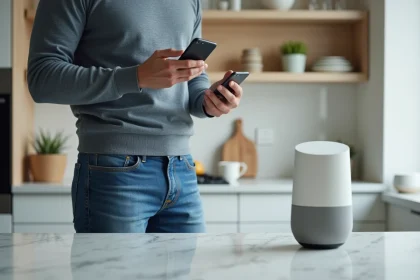 Homme en sweater bleu dans une cuisine connectee