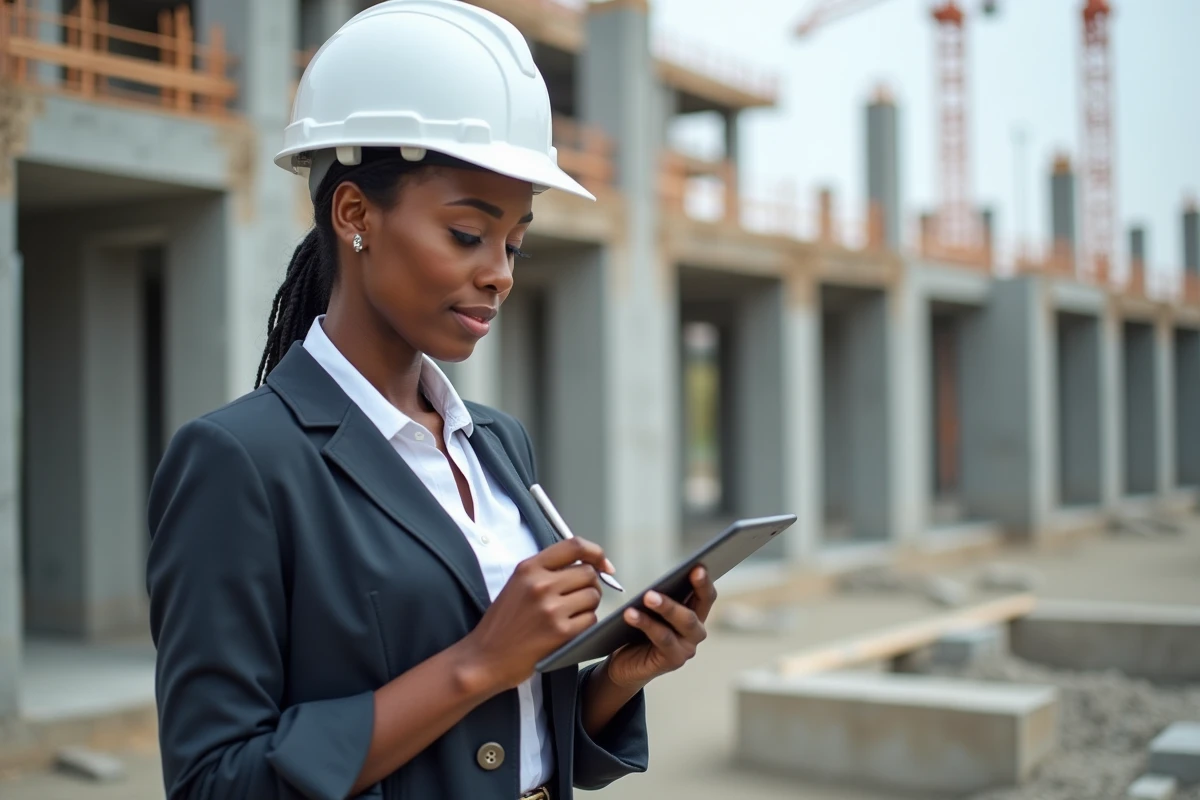 Jeune ingénieure africaine inspectant le beton sur le chantier