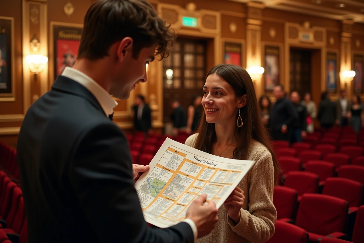Jeune couple regardant le plan des sièges au théâtre