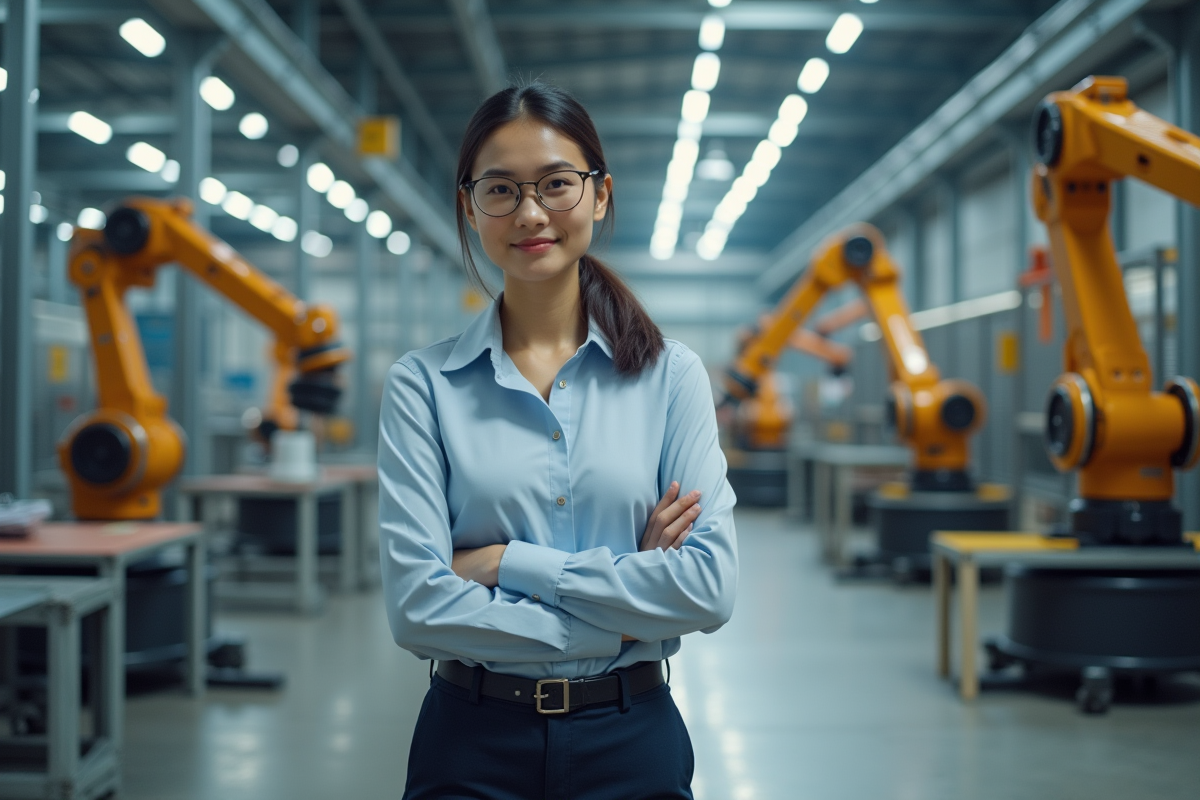 Jeune ingénieure devant un bras robotique dans une usine moderne
