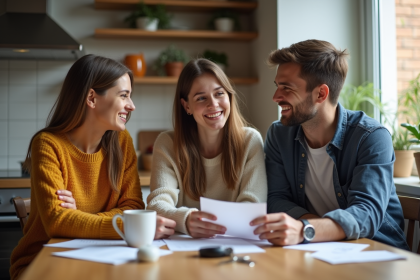 Trois jeunes adultes discutent à la cuisine en triant des factures