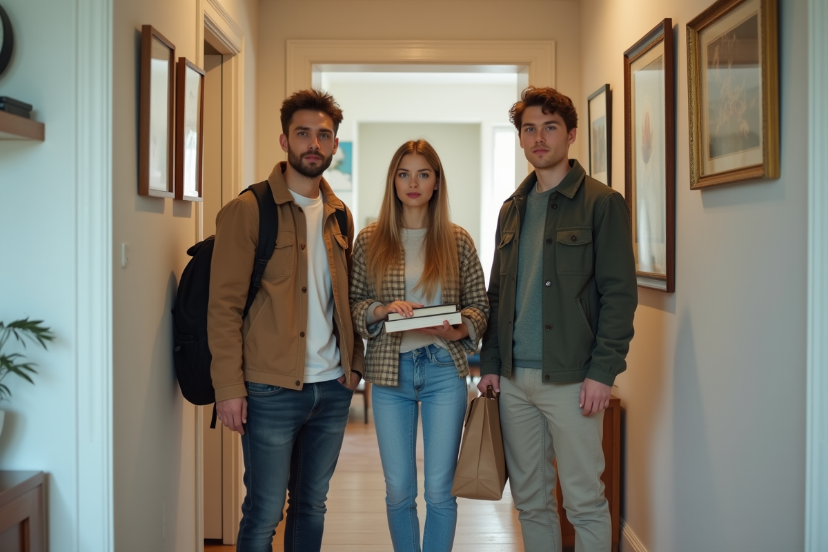 Deux jeunes hommes et une femme dans le couloir d