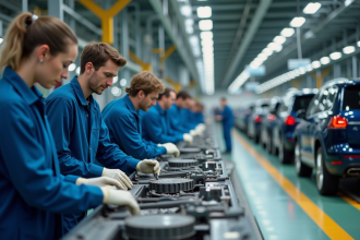 Ouvriers en usine assemblant des pièces automobiles