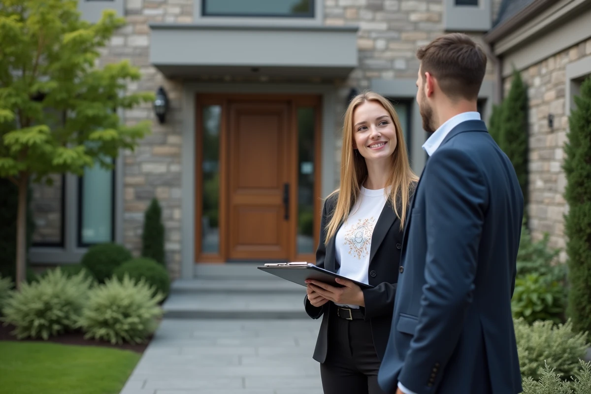 Jeune femme en blazer parlant avec un propriétaire devant une maison