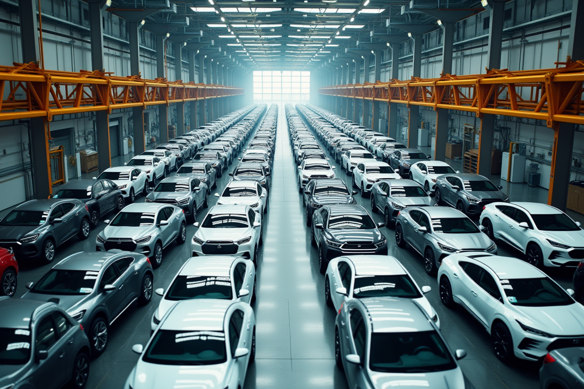 Vue aérienne d une grande usine automobile avec voitures neuves